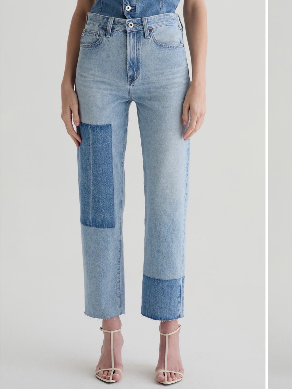 Ag Adriano Goldschmied Light Blue Patchwork Cropped Jeans